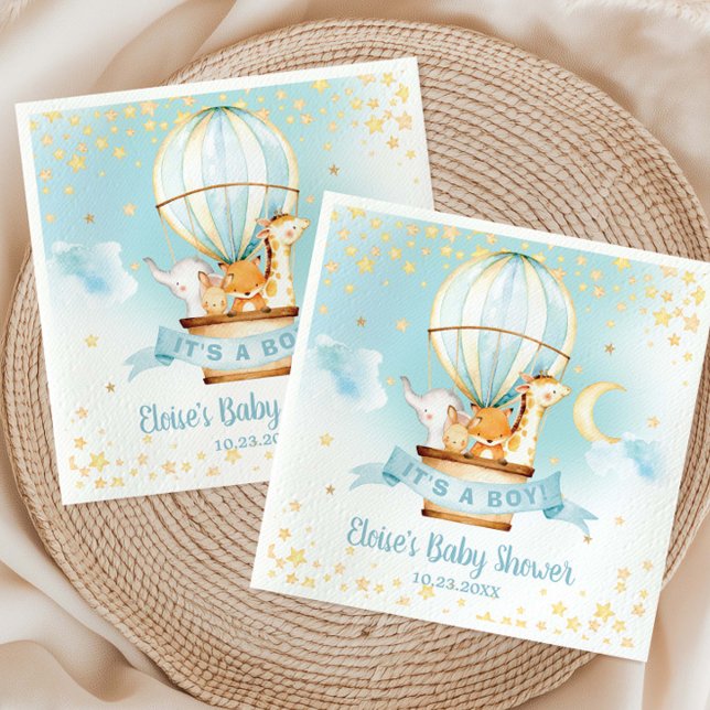 Blue Hot Air Balloon Cute Animals Boy Baby Shower Napkins (Creator Uploaded)