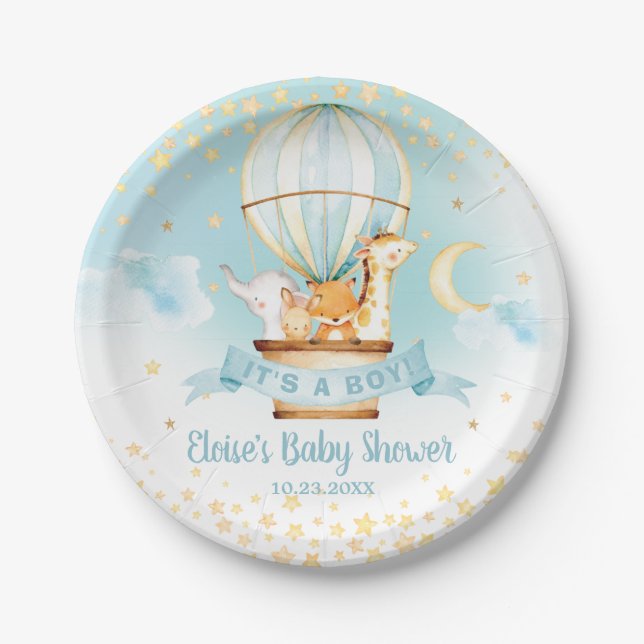 Blue Hot Air Balloon Cute Animals Boy Baby Shower Paper Plates (Front)