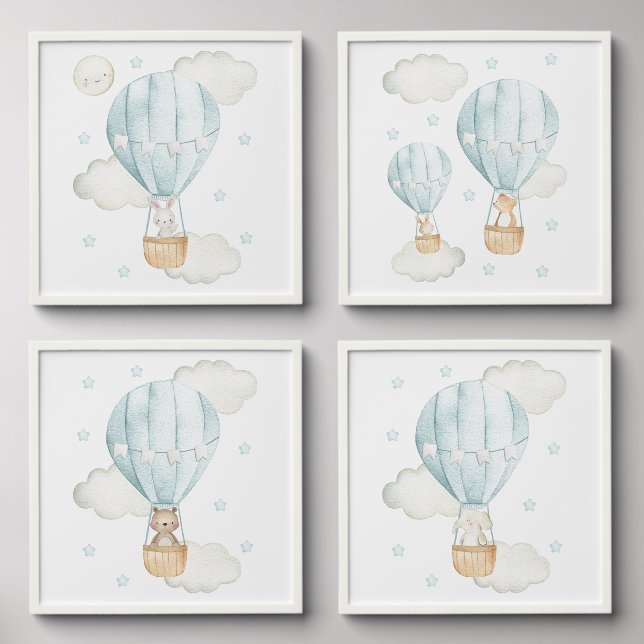 Blue Hot Air Balloon, Cute Animals, Boy Nursery Peel And Stick Photo Tile (Front Set)