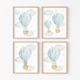 Blue Hot Air Balloon, Cute Animals, Boy Nursery Wall Art Sets