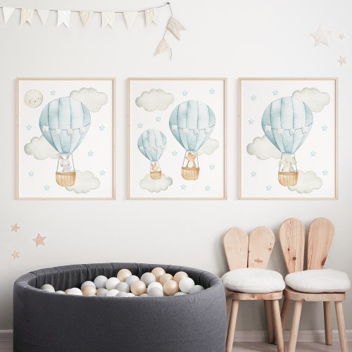 Blue Hot Air Balloon Cute Animals Boy Nursery Wall Art Sets