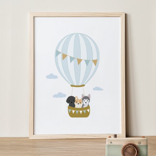 Blue Hot Air Balloon Dogs Nursery Decor Poster