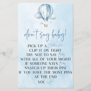Blue Hot Air Balloon Don't Say Baby Shower Game