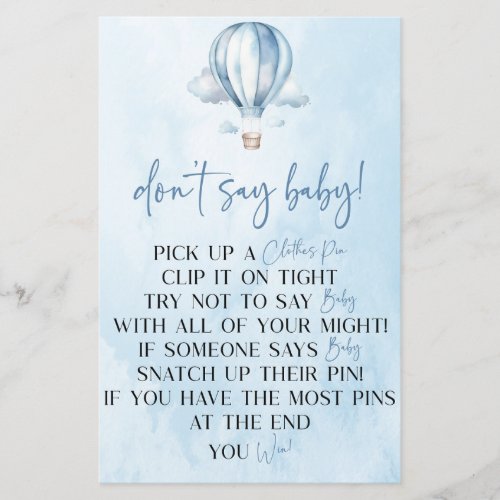 Blue Hot Air Balloon Dont Say Baby Shower Game