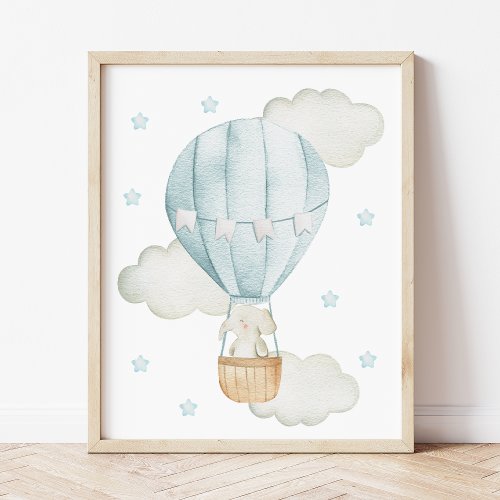 Blue Hot Air Balloon Elephant Stars Boy Nursery Poster