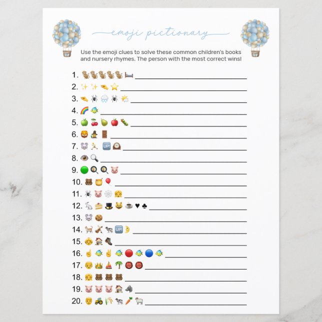 Blue Hot Air Balloon Emoji Books Baby Shower Game (Front)