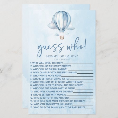 Blue Hot Air Balloon Guess Who Baby Shower Game