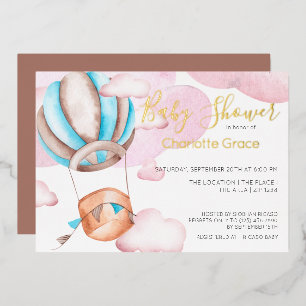 Blue Hot Air Balloon In The Clouds Baby Shower Foil Invitation