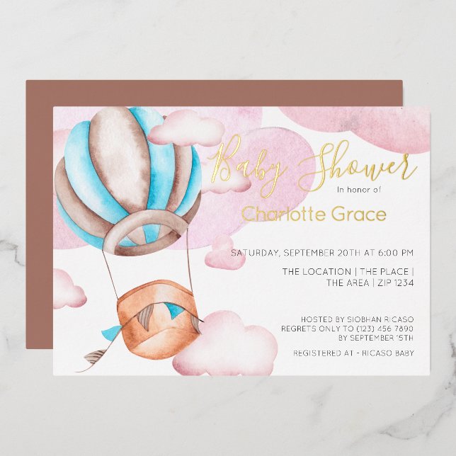 Blue Hot Air Balloon In The Clouds Baby Shower Foil Invitation (Front/Back)