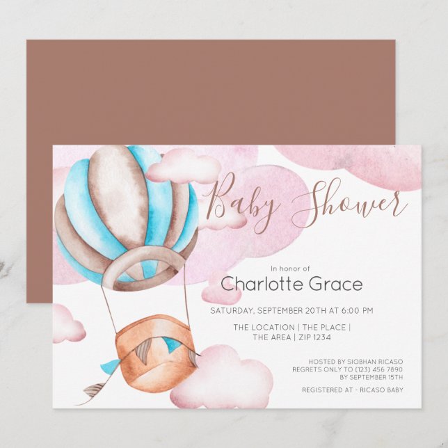 Blue Hot Air Balloon In The Clouds Baby Shower Invitation (Front/Back)