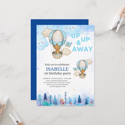 Blue Hot air balloon invitation 1st birthday Invitation