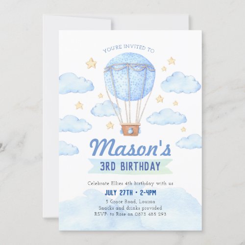Blue Hot air balloon invitation Boy 1st birthday Invitation