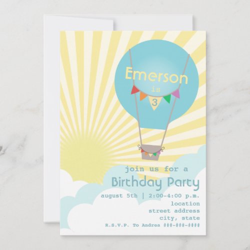 Blue Hot Air Balloon Kids Birthday Party Invitation