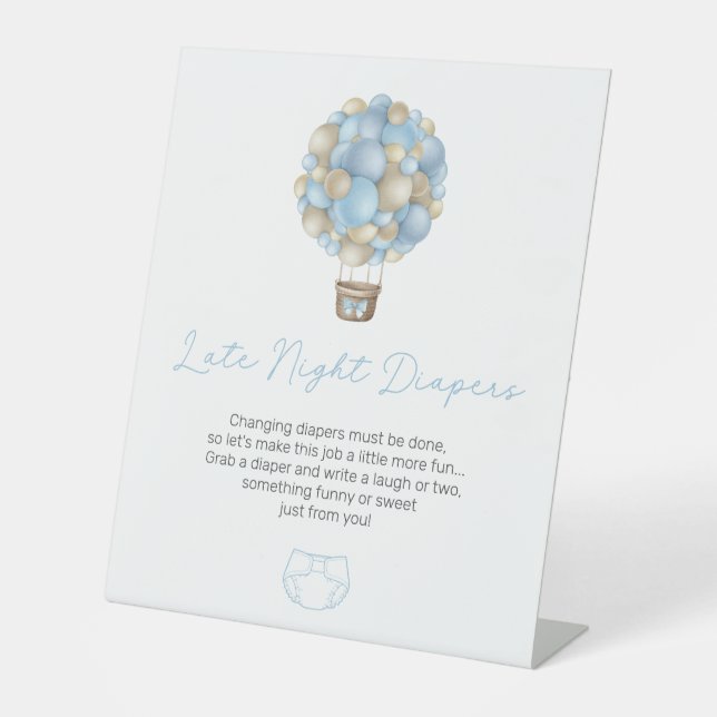 Blue Hot Air Balloon Late Night Diapers Pedestal Sign (Front)