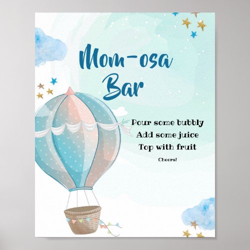 Blue Hot Air Balloon Momosa Bar Baby Shower Poster