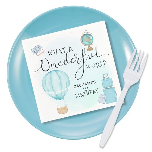 Blue Hot Air Balloon ONEderful World 1st Birthday Napkins