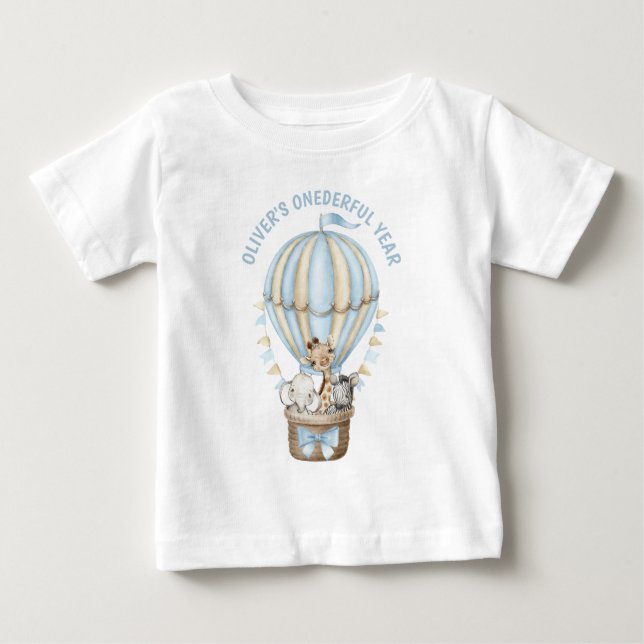 Blue Hot Air Balloon Safari Animals 1st Birthday Baby T-Shirt (Front)