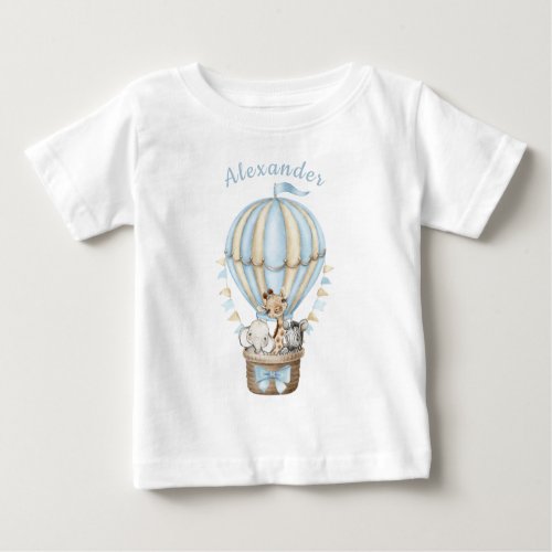 Blue Hot Air Balloon Safari Animals 1st Birthday Baby T_Shirt