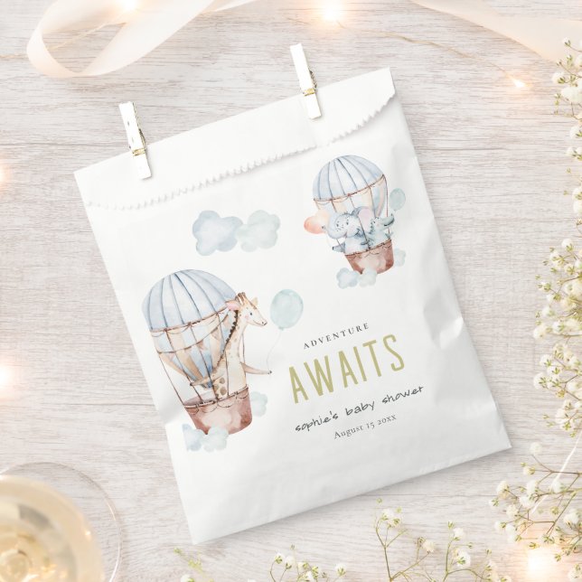 Blue Hot Air Balloon Safari Animals Baby Shower Favor Bag (Clipped)