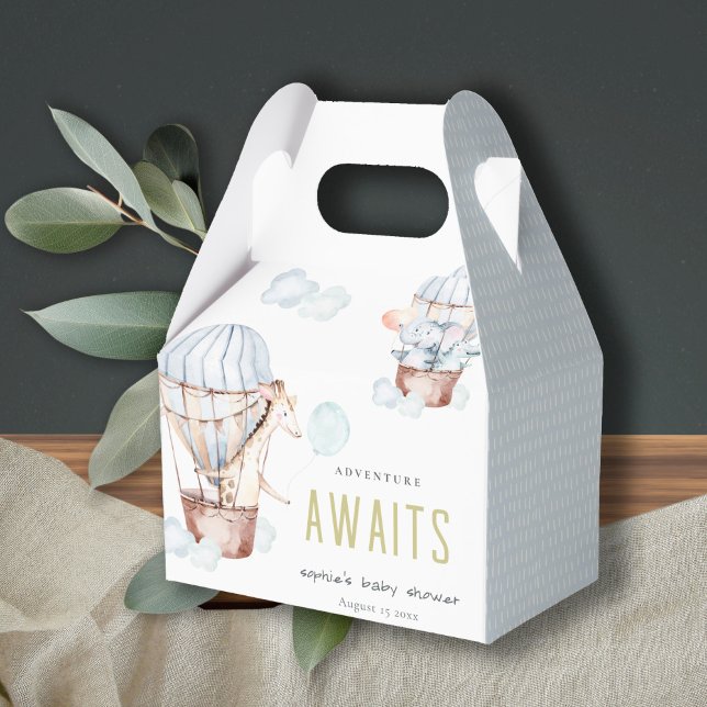 Blue Hot Air Balloon Safari Animals Baby Shower Favor Boxes (Creator Uploaded)