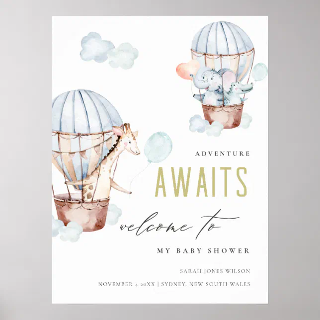 Blue Hot Air Balloon Safari Animals Baby Shower Poster | Zazzle