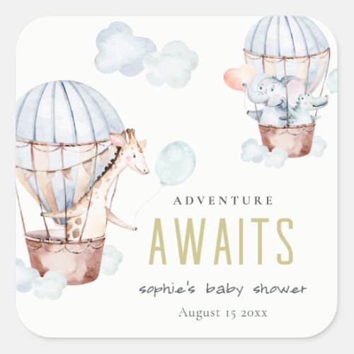 Blue Hot Air Balloon Safari Animals Baby Shower Square Sticker