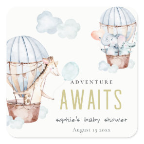Blue Hot Air Balloon Safari Animals Baby Shower Square Sticker
