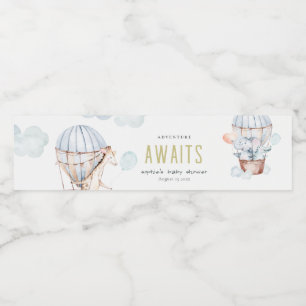 Blue Hot Air Balloon Safari Animals Baby Shower Water Bottle Label