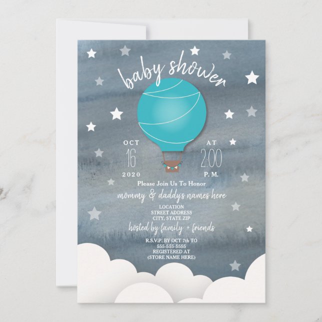 Blue Hot Air Balloon + Stars Boy Baby Shower Invitation (Front)