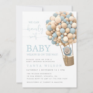 Blue Hot Air Balloon Teddy Bear Baby Shower Invite
