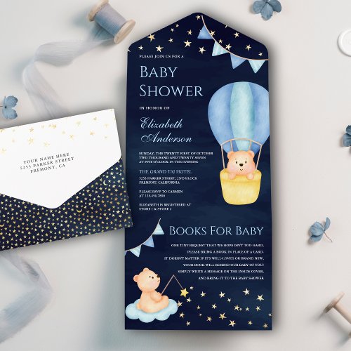 Blue Hot Air Balloon Teddy Bear Navy Baby Shower All In One Invitation