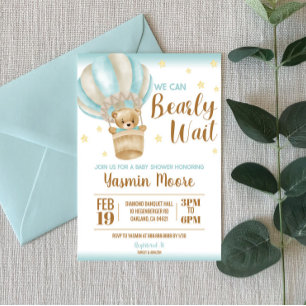 Blue Hot Air Balloon Teddy Bear Themed Baby Shower Invitation