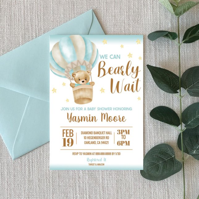 Blue Hot Air Balloon Teddy Bear Themed Baby Shower Invitation (Creator Uploaded)