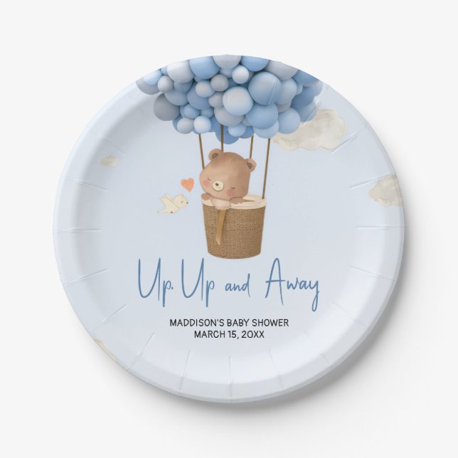 Blue Hot Air Balloon Up and Away Baby Shower Paper Plates (Front)