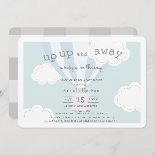 Blue Hot Air Balloon Up Up and Away Baby Shower Invitation