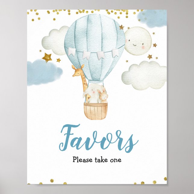 Blue Hot air Balloon Watercolor Favor Sign (Front)