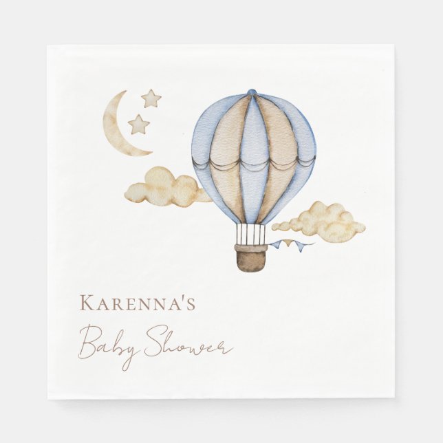 Blue Hot Air Balloon White Baby Shower Napkins (Front)