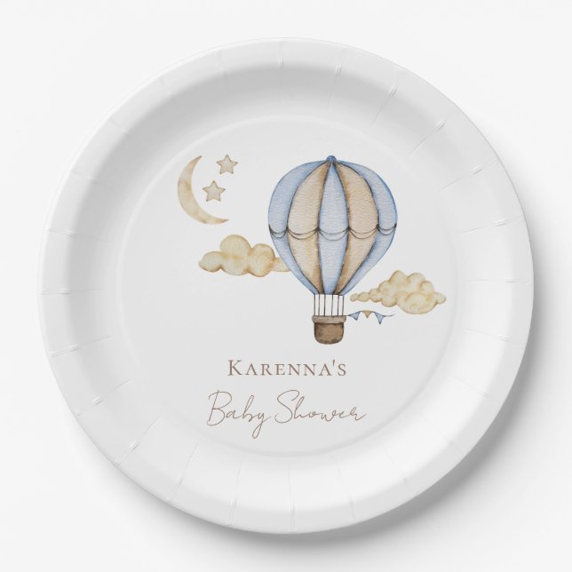Blue Hot Air Balloon White Baby Shower Paper Plates (Front)