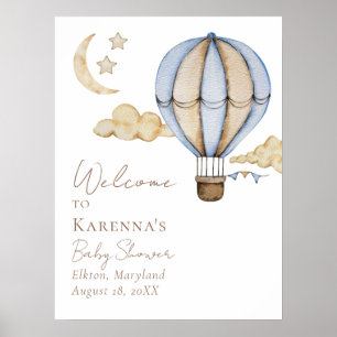 Blue Hot Air Balloon White Baby Shower Welcome Poster