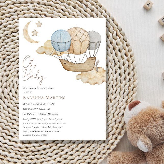 Blue Hot Air Balloon White Oh Baby Shower Invitation (Creator Uploaded)