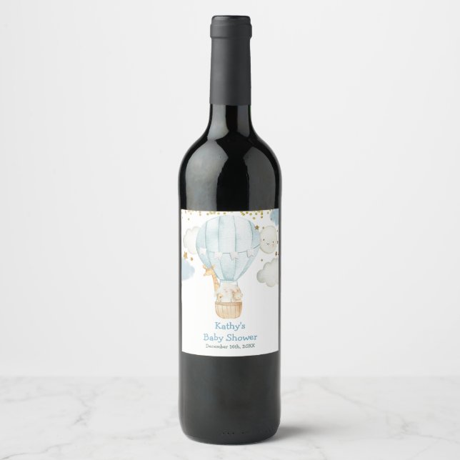  Blue Hot Air Balloon Wine Bottle Label (Front)