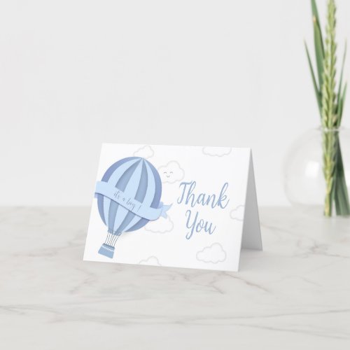 Blue Hot Air Balloon with clouds Boy Baby Shower Thank You Card