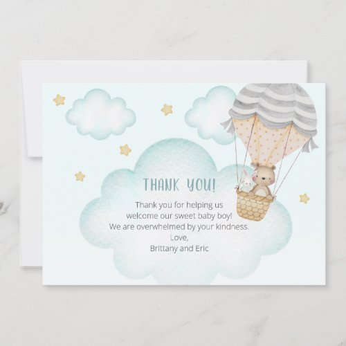 Blue Hot Air Balloon Woodland Animals Baby Shower Thank You Card