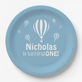Blue Hot Air Balloons Baby's First Birthday Paper Plates