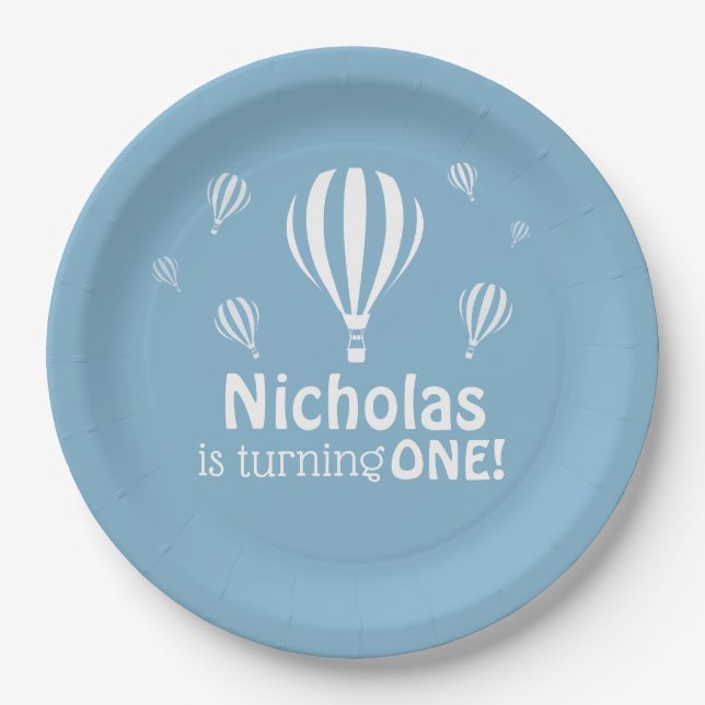 Blue Hot Air Balloons Baby's First Birthday Paper Plates (Front)