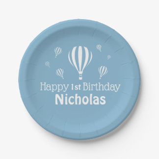 Blue Hot Air Balloons Baby's First Birthday Paper Plates