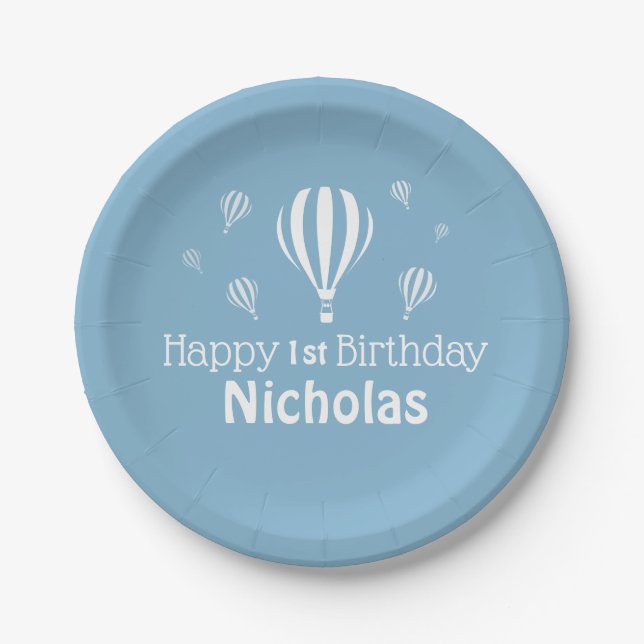 Blue Hot Air Balloons Baby's First Birthday Paper Plates (Front)