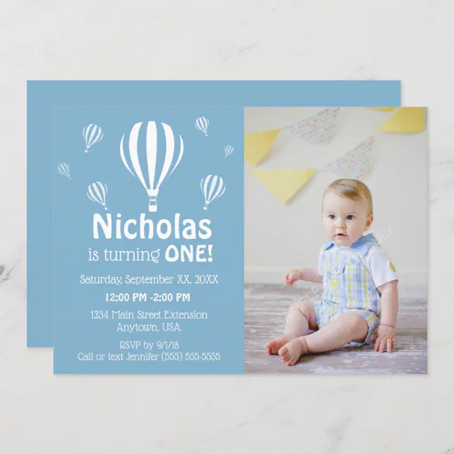 Blue Hot Air Balloons Baby's First Birthday Photo Invitation | Zazzle