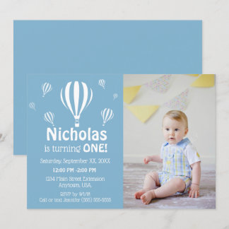 Blue Hot Air Balloons Baby's First Birthday Photo Invitation