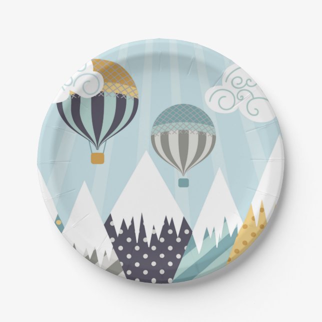 Blue Hot Air Balloons Paper Plates (Front)